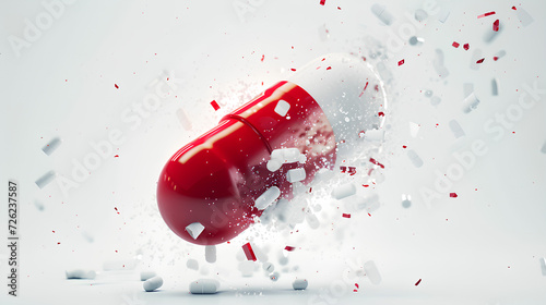 A red and white capsule of antibiotics concept poster for using antibiotics to treat many diseases today. Cause drug resistance, Modern illustration photo