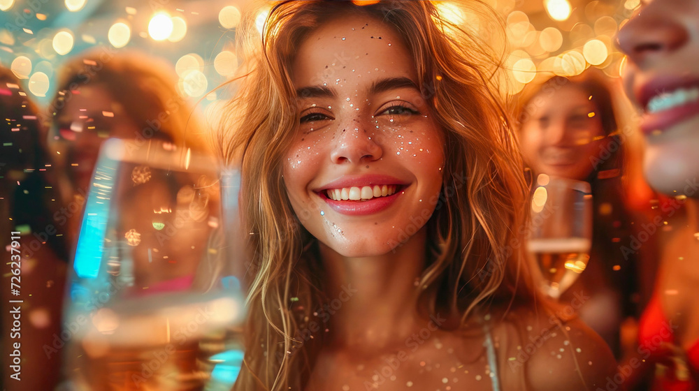 Beautiful young woman with a glass of champagne on a background of lights Beautiful young woman with a glass of champagne on a background of lights