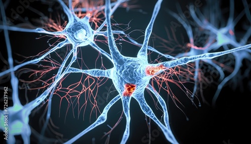 Neuron cells system disease - 3d rendered image of Neuron cell network on a black background