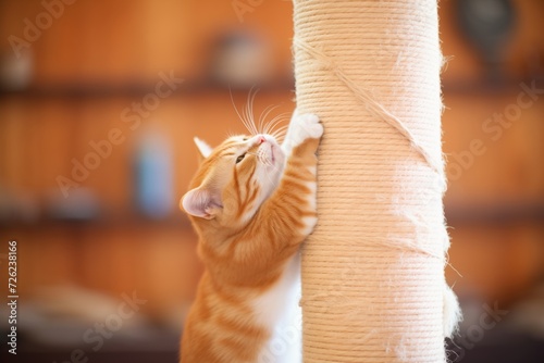 cat scratching on a sisal rope post photo