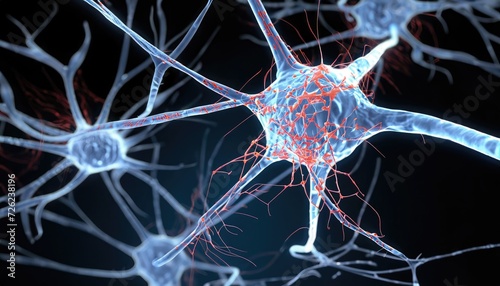 Neuron cells system disease - 3d rendered image of Neuron cell network on a black background