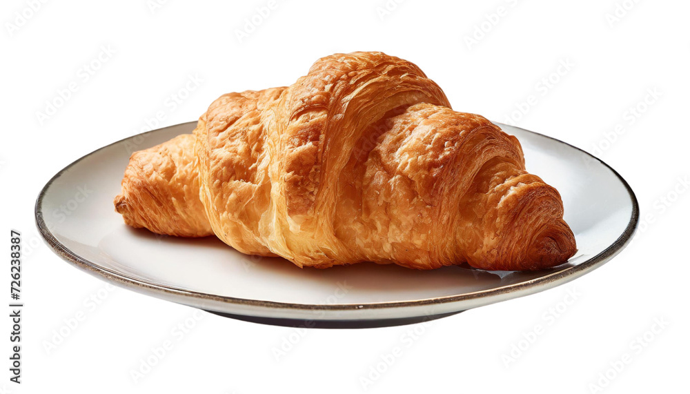 Croissant on a white plate. Isolated on a transparent background.