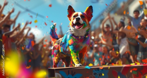 bekannt wie ein bunter Hund, Konzept zu Redewendung, ein farbenfroher Hund, der auf einem Podest steht und die Menschen im Hintergrund jubeln ihm zu. photo