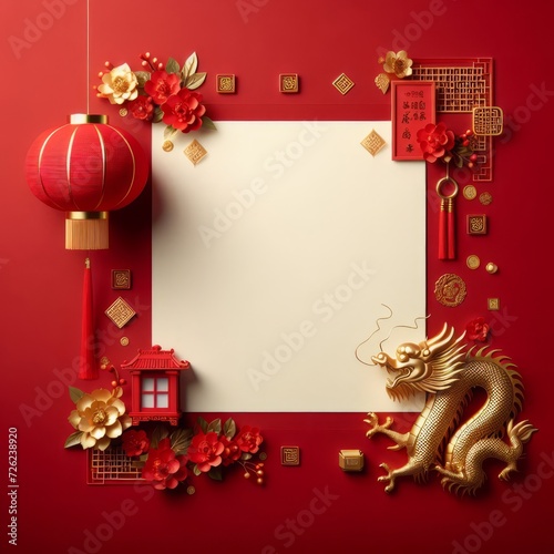 Chinese New Year background with golden dragon  lanterns  paper lanterns and copy space
