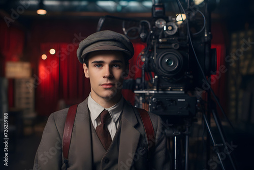 A cameraman with a cinema camera  a vintage aspiring  cinematographer portrait in a studio
