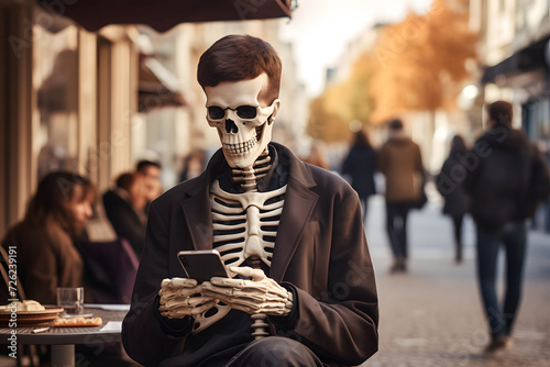 Skeleton on the street using a mobile phone and texting messages, scary and funny horror concept for Halloween or Day of the Dead photo