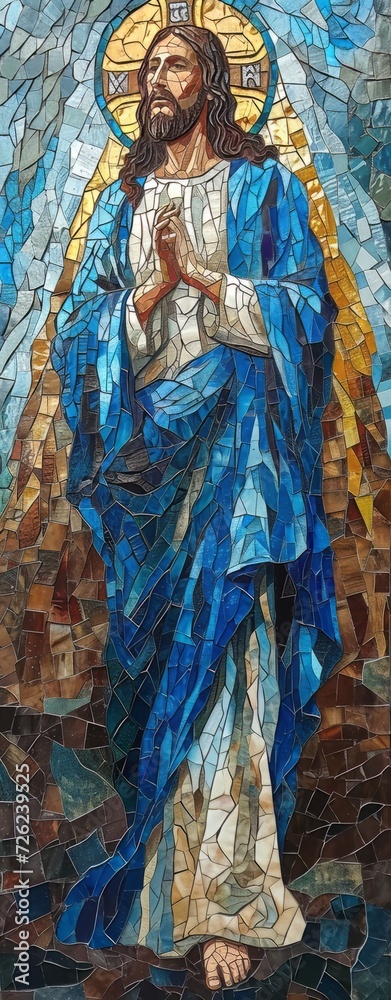 Stained glass painting of Jesus standing in the middle of the window, mosaic