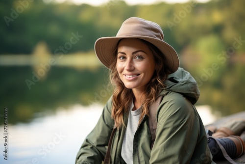 Portrait of a beautiful young woman with hat on a lake background