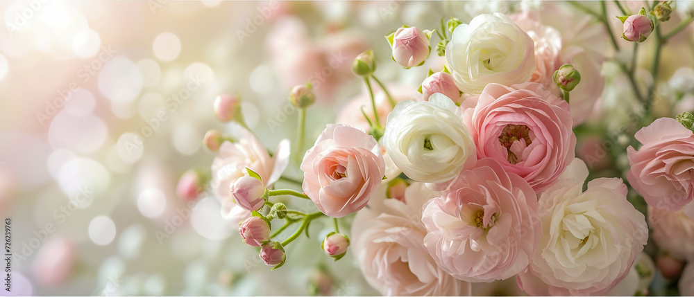 Ultra wide greeting card, bouquet of flowers, soft pink and white tones, cozy, blurred background