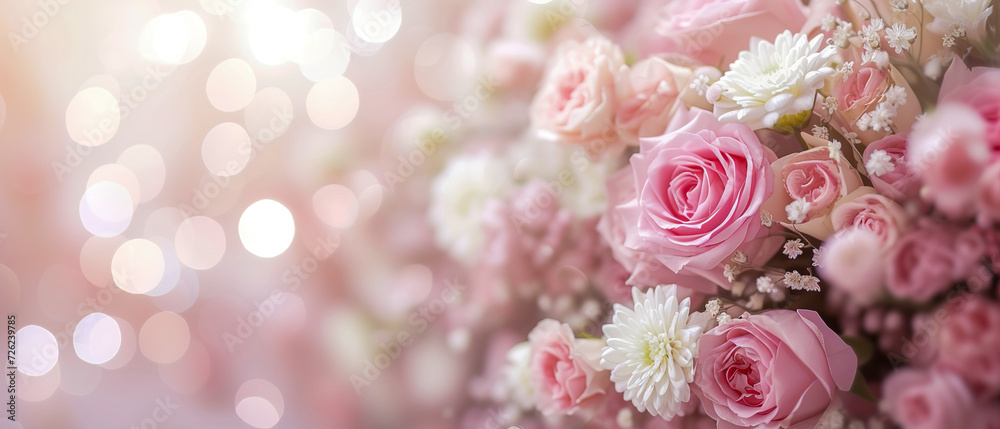 Ultra wide greeting card, bouquet of flowers, soft pink and white tones, cozy, blurred background Ultra wide greeting card, bouquet of flowers, soft pink and white tones, cozy, blurred background