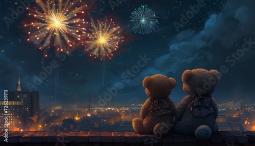 An artfully composed image of teddy bear companions sitting on a rooftop, watching fireworks light up the night sky