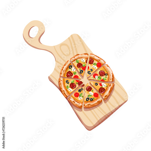 Italian pizza Peperoni on a wooden board. Pizza sliced. A piece of food. Menu for restaurant and cafe. Vector illustration