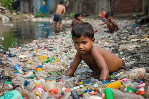 Childern Playing in plastic poluted place OLd Dhaka  Dhaka Bangladesh   01 07 2023 photo
