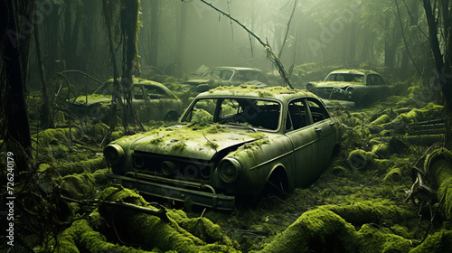 Abandoned forest graveyard for cars photo