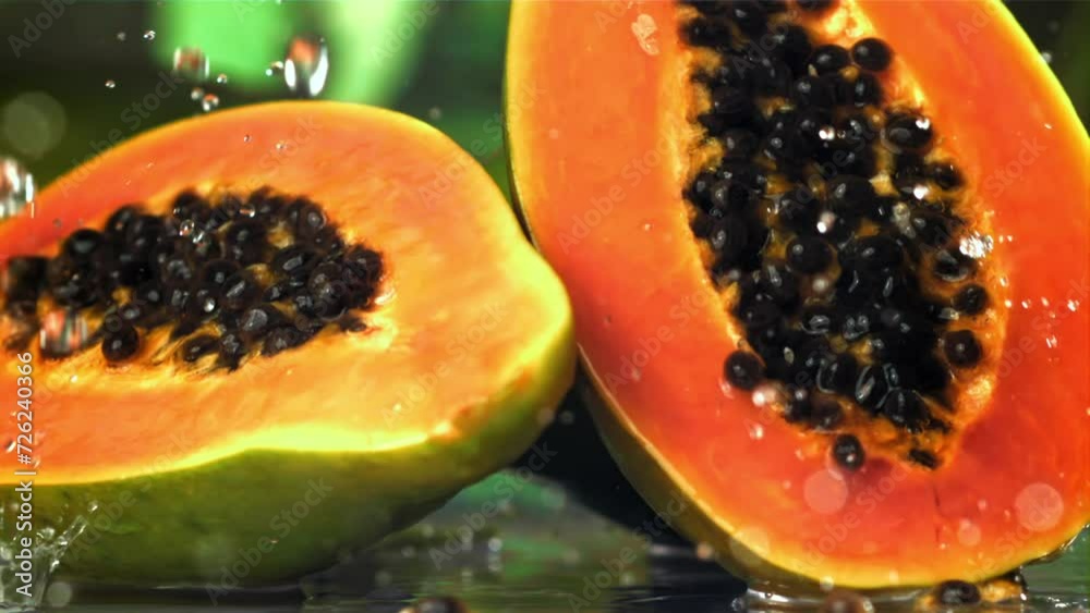 Fresh tropical papaya with drops and splashes of water. Filmed on a high-speed camera at 1000 fps. High quality FullHD footage Fresh tropical papaya with drops and splashes of water. Filmed on a high-speed camera at 1000 fps. High quality FullHD footage
