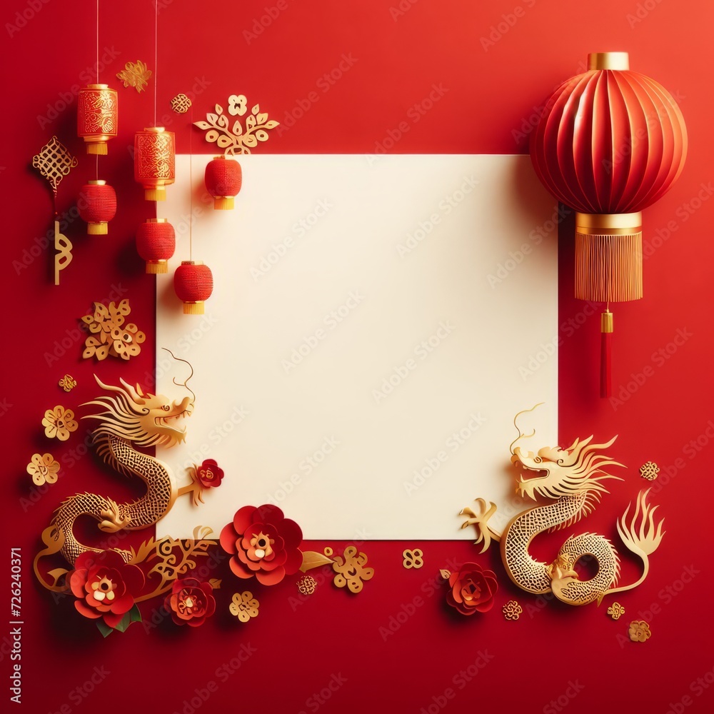 Chinese New Year background with golden dragon, lanterns, paper lanterns and copy space Chinese New Year background with golden dragon, lanterns, paper lanterns and copy space