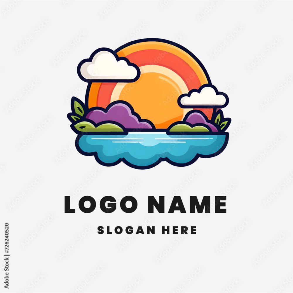 Flat emblem Logo A river with sunrise and cloud Flat emblem Logo A river with sunrise and cloud