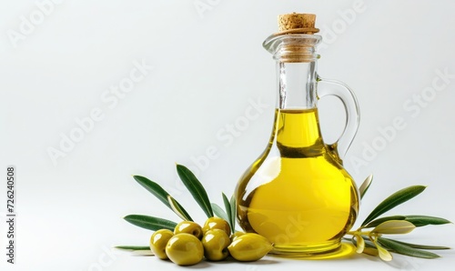 olive oil in a minimalist glass bottle, beside it there are olives. isolated background