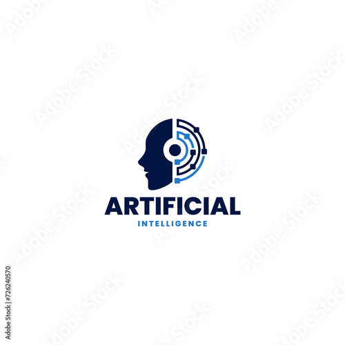 Artificial Intelligence head face with circuit brain processor computer system, creative modern illustration logo design
