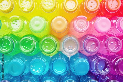 Rainbow pattern plastic bottle lid  recycling and environmental pollution concept.