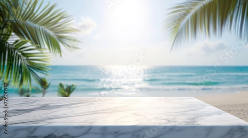 Elegant marble showcase on beach, blurred tropical sea view