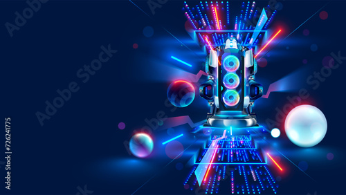 Electronic music party poster template in neon colors. Music speaker with RGB backlight in the dark. Robotic sound system on background of digital electronic lights. Background of disco musical banner