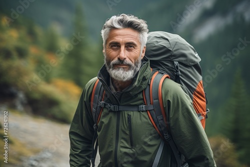 Portrait of senior man with backpack hiking in the mountains. Hiking concept.