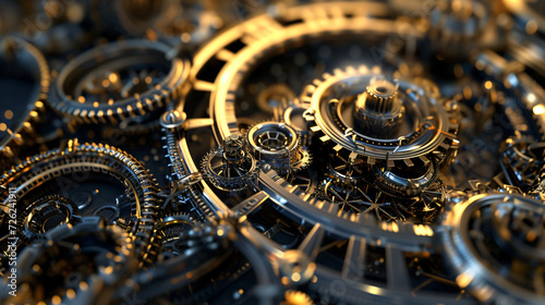 A mesmerizing 3D rendered image of an abstract clockwork mechanism, with intricate gears and mechanical parts in vibrant colors. This visually striking stock image captures the beauty and co