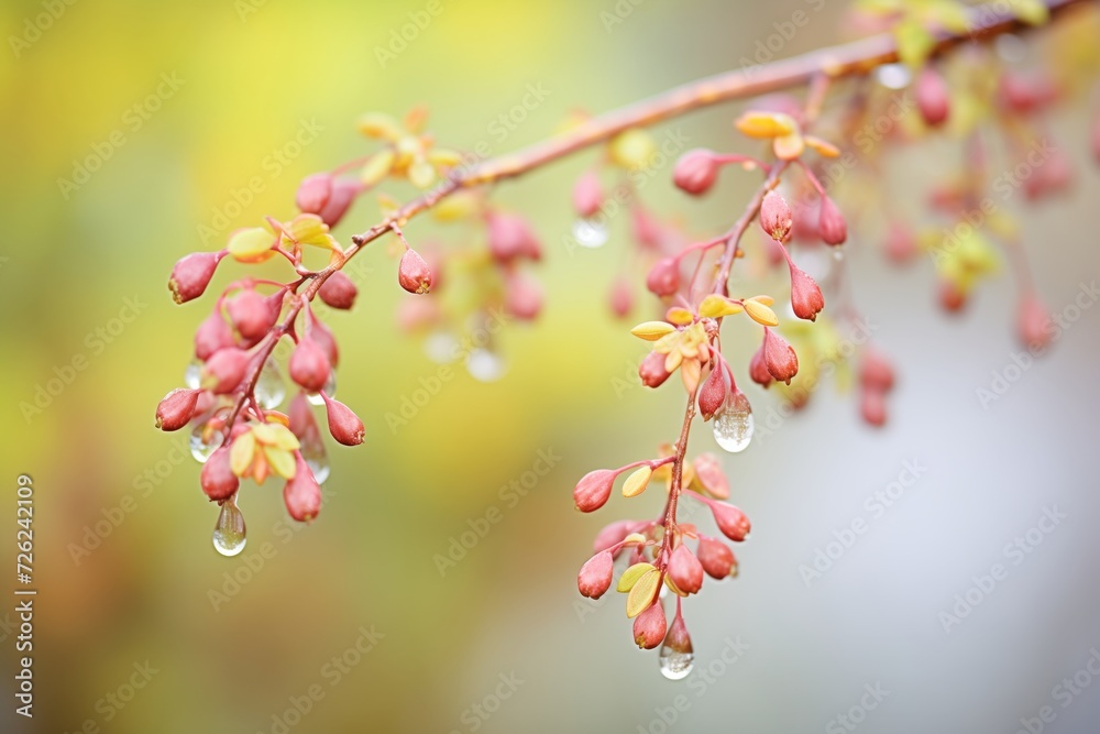 crimson pygmy barberry bush capturing dewdrops