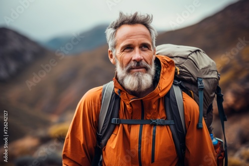 Handsome senior man hiking in the mountains. Active senior man with a backpack.