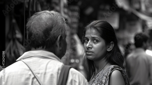 A captivating black and white image of two strangers in a bustling city, their fleeting eye contact revealing a deep, unspoken connection. Tinged with a sense of longing and possibility, the