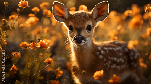 A fawn frolicking in a field of wildflowers within the forest.