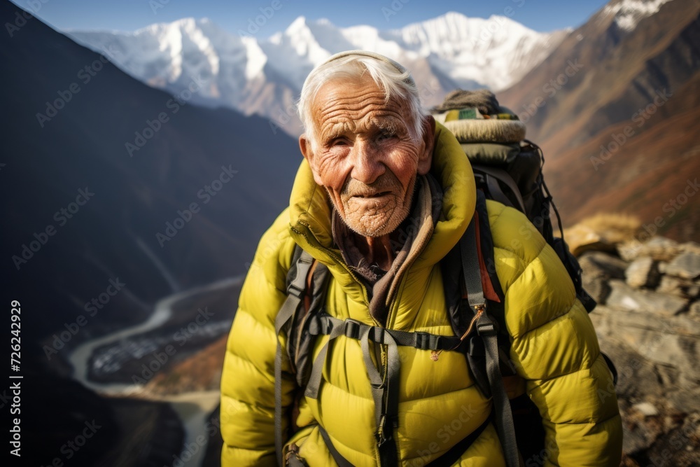 Senior man hiking in Himalayas, Annapurna Circuit Trek, Nepal