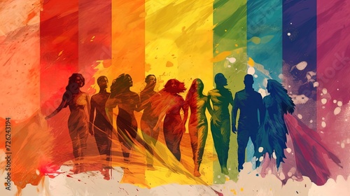group of people celebrating pride month, illustration style, LGBTQ+ colors, pride month, colorful, rainbow © Thomas