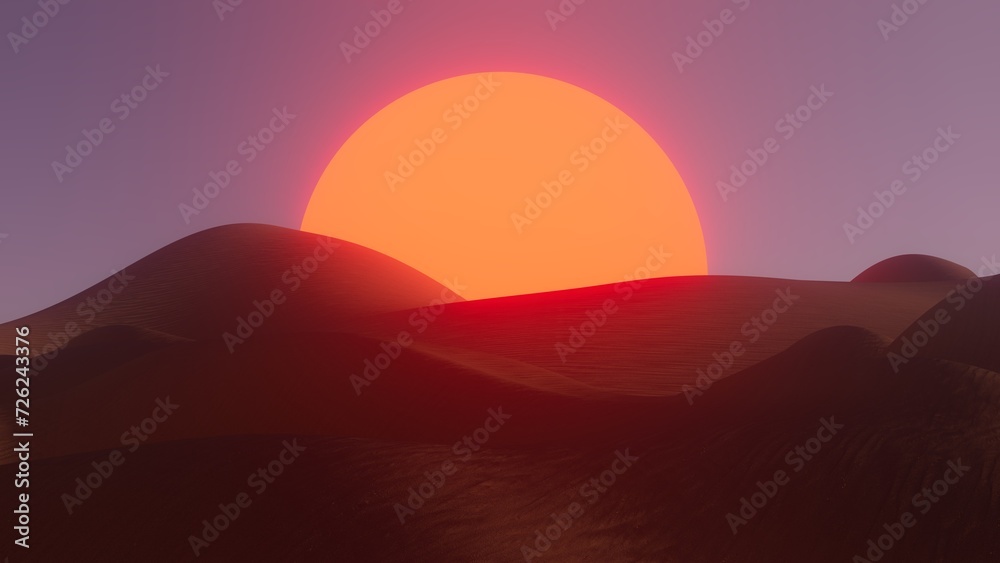 3d illustration huge red setting sun in desert dunes