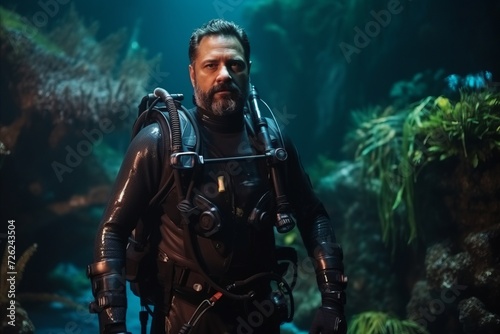 Portrait of a diver at the bottom of a deep water aquarium