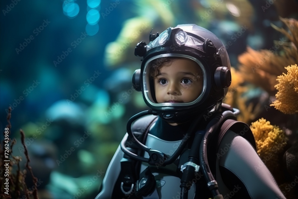 Beautiful little girl with a scuba diver costume in underwater world Beautiful little girl with a scuba diver costume in underwater world