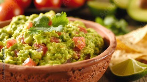 Fresh guacamole in a bowl with tomatoes and lime.