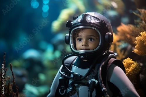 Beautiful little girl with a scuba diver costume in underwater world © Nerea