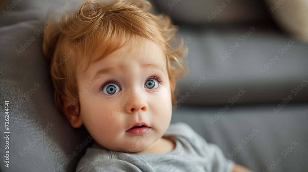 Curious baby with wide blue eyes looking up. Curious baby with wide blue eyes looking up.