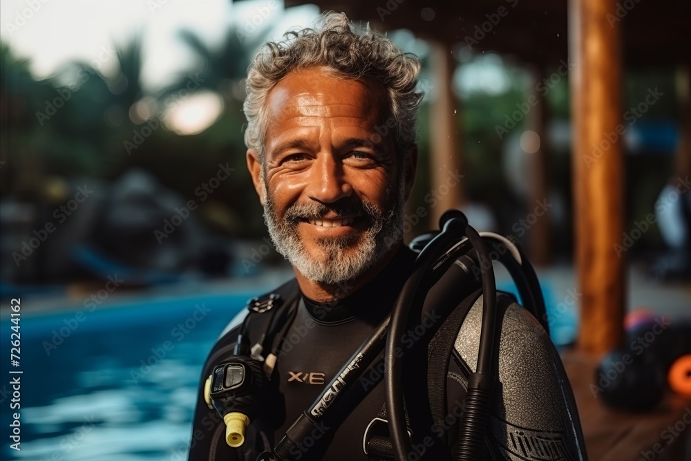 Portrait of a happy senior man wearing scuba diving suit at the swimming pool
