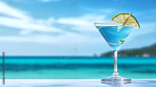 close up of cocktail glass on beach with blurred background of a beach scene  copy space