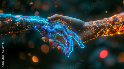 Digital hands reaching out in a cosmic connection.
