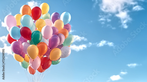 bunch of colorful helium balloons are floating up to sky  celebr