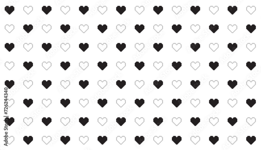Valentines day pattern background with filled pixel art hearts. Outline, Vector illustration. flyers, invitation, posters, brochure, banner, In black and white Valentines day pattern background with filled pixel art hearts. Outline, Vector illustration. flyers, invitation, posters, brochure, banner, In black and white
