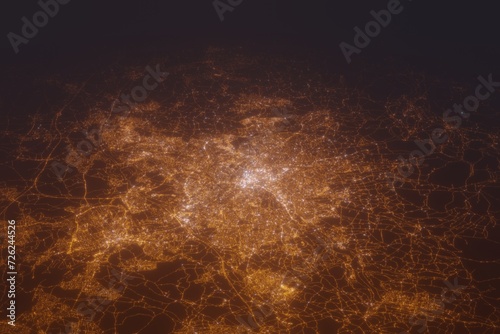 Aerial shot of Sheffield (England, UK) at night, view from north. Imitation of satellite view on modern city with street lights and glow effect. 3d render