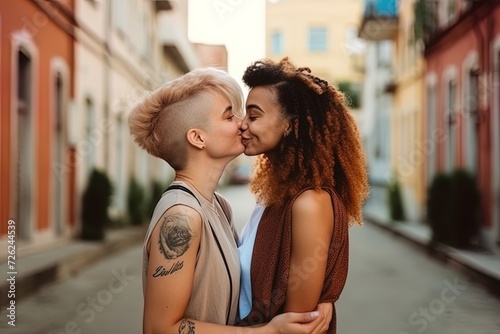 portrait of couple kissing on colorful background, LGBTQ+ colors, pride month, colorful, rainbow