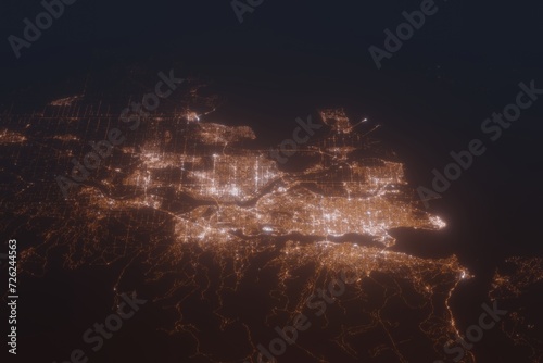 Aerial shot of Vancouver (Canada) at night, view from north. Imitation of satellite view on modern city with street lights and glow effect. 3d render photo