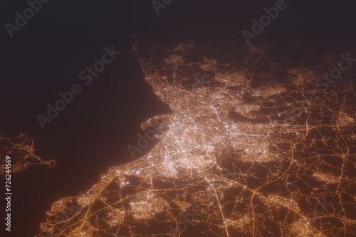 Aerial shot of Aarhus (Denmark) at night, view from north. Imitation of satellite view on modern city with street lights and glow effect. 3d render