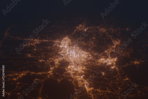 Aerial shot on San Salvador (El Salvador) at night, view from east. Imitation of satellite view on modern city with street lights and glow effect. 3d render
